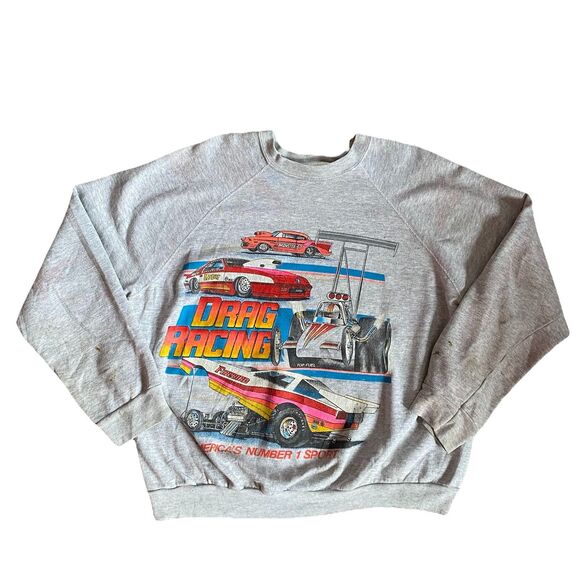 Vintage 90s Drag Racing Gray Crewneck Sweatshirt XXL Funny Car Distressed Baggy - Picture 1 of 9